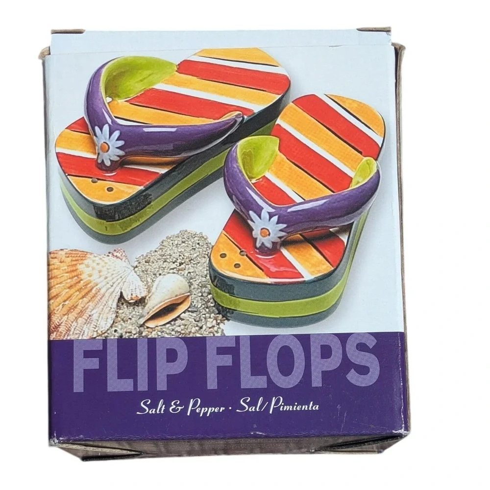 Clay Art Flip Flops Salt and Pepper Shaker Set Striped Beach Summer Decor
